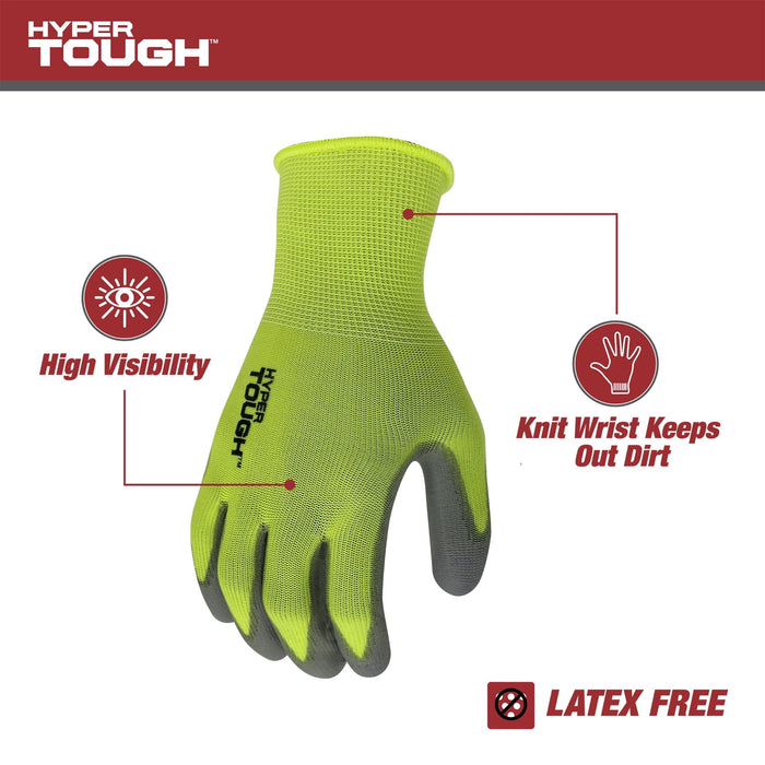 Hyper Tough Hi-Visibility Glove, Polyester Coating, Neon Green, Size Extra-Large, 3 Pairs