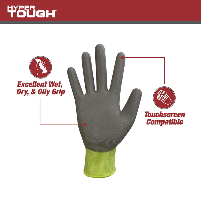 Hyper Tough Hi-Visibility Glove, Polyester Coating, Neon Green, Size Extra-Large, 3 Pairs