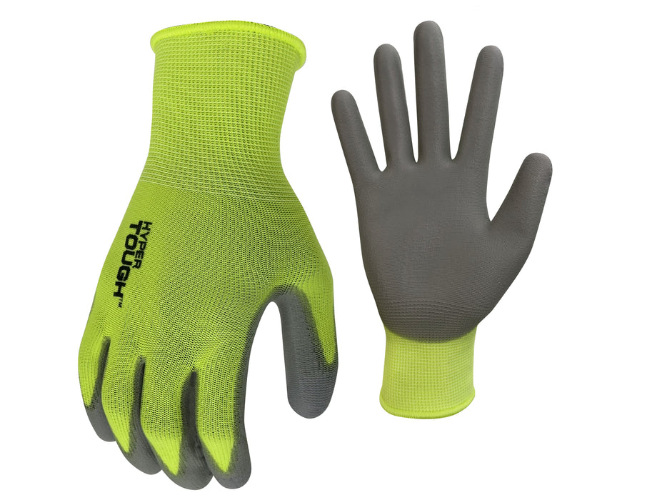 Hyper Tough Hi-Visibility Glove, Polyester Coating, Neon Green, Size Large, 3 Pairs