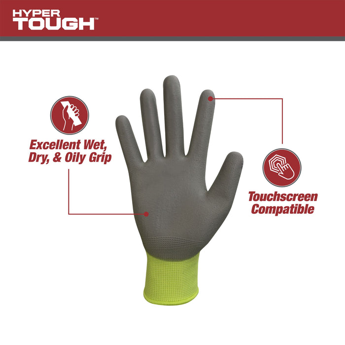 Hyper Tough Hi-Visibility Glove, Polyester Coating, Neon Green, Size Large, 3 Pairs