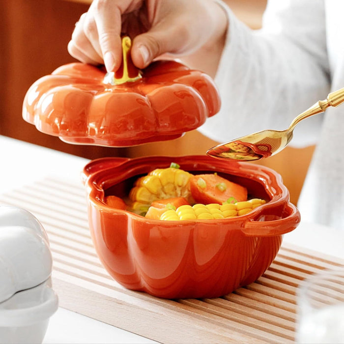 Cute Bowl, Pumpkin Ceramic Bowl with Lid, Microwave & Dishwasher Safe Dessert or Soup Bowl with Handle, Decor Dinnerware for Thanksgiving Halloween Christmas