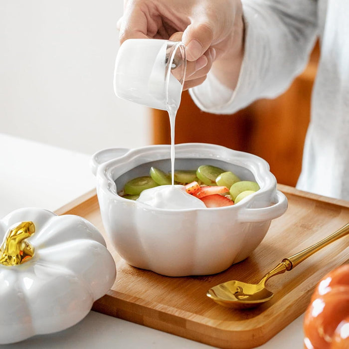 Cute Bowl, Pumpkin Ceramic Bowl with Lid, Microwave & Dishwasher Safe Dessert or Soup Bowl with Handle, Decor Dinnerware for Thanksgiving Halloween Christmas