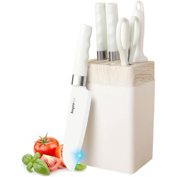 Knife Set for Kitchen, 6-Pieces White Non-stick Stainless Steel Knife Block Set, Ultra Sharp Kitchen Knife Set with Accessories for Cutting Slicing Dicing Chopping