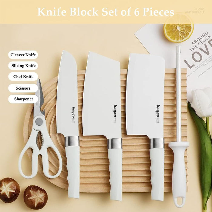 Knife Set for Kitchen, 6-Pieces White Non-stick Stainless Steel Knife Block Set, Ultra Sharp Kitchen Knife Set with Accessories for Cutting Slicing Dicing Chopping