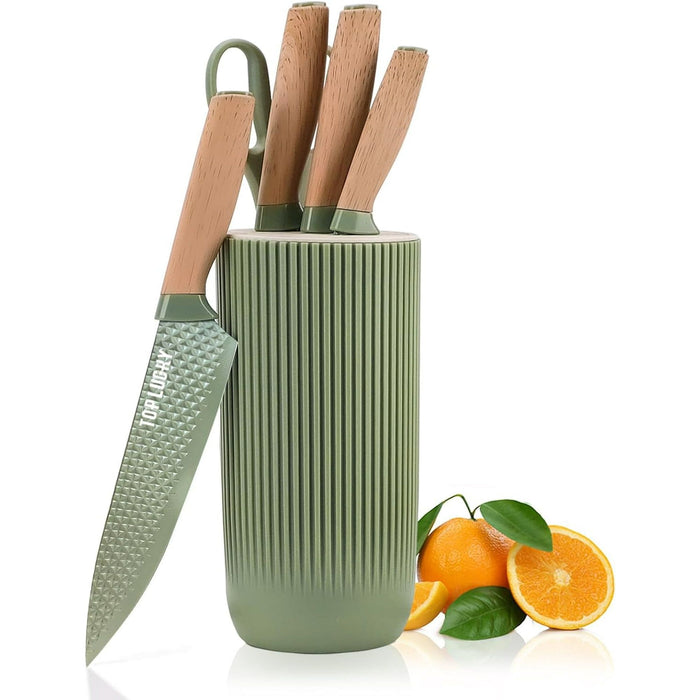 Kitchen Knife Set, 6 Pieces Green Professional Knife Set with Universal Knife Block, Super Sharp Knife Set with Ergonomic Handle, Non-stick Stainless Steel Knife Block Set