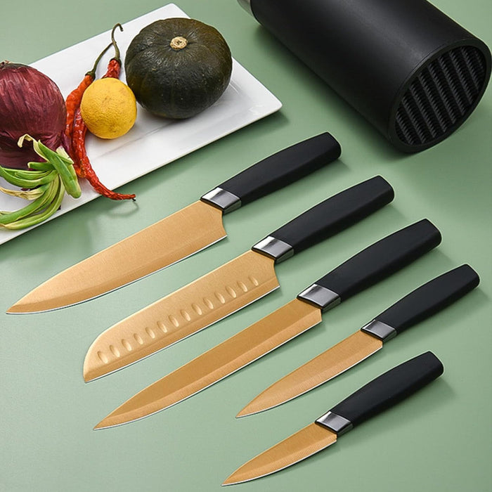 Kitchen Knife Set, 6 Pieces Sharp Stainless Steel Chef Knife Set with Cylindrical Block, Ergonomic Black Handle Knife with Gold Blades, Knife Set with Gift Box, House Warming Gift