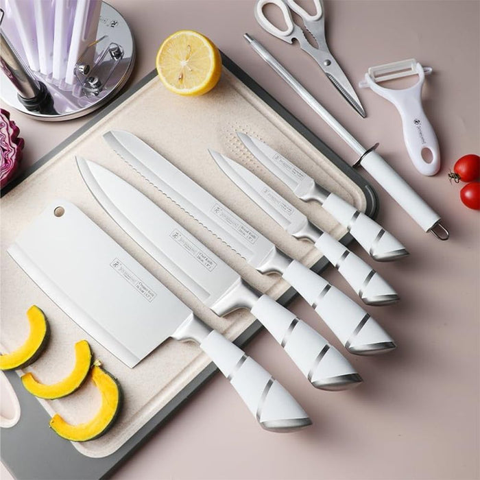 Kitchen Knife Set, 9-Piece White Sharp Non-Stick Coated Chef Knives Block Set,Stainless Steel Knife Set for Kitchen with Sharpener for Cutting Slicing Dicing Chopping