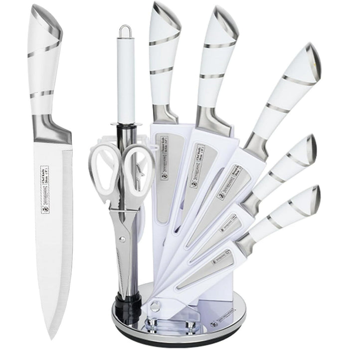 Kitchen Knife Set, 9-Piece White Sharp Non-Stick Coated Chef Knives Block Set,Stainless Steel Knife Set for Kitchen with Sharpener for Cutting Slicing Dicing Chopping