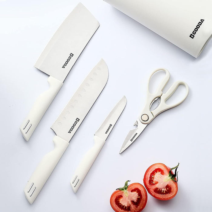 Knife Set for Kitchen, 5-Pieces White Cooking Knife Set with Storage Knife Holder, Sharp Stainless Steel Knife Block Set for Cutting Slicing Dicing Chopping