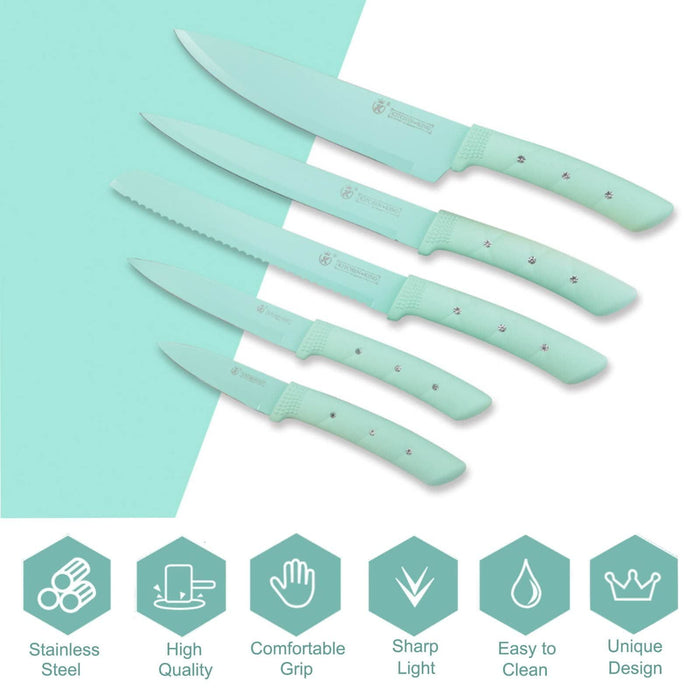 Kitchen Knife Set, 6 Pieces Green Stainless Steel Sharp Chef Knife with Acrylic Stand, Non-stick Coating Block Knife Set for Home Restaurant Apartment