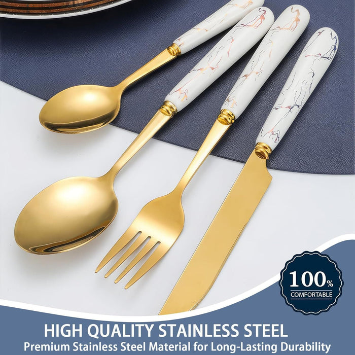 Gold Silverware Set, 24 Pieces Flatware Set with Silverware Holder, Stainless Steel Knives Forks Spoons Cutlery Set Service for 6, Kitchen Utensil Tableware Set with Pink Handle