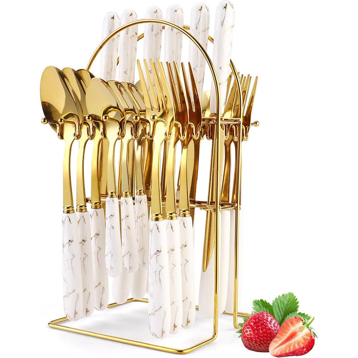 Gold Silverware Set, 24 Pieces Flatware Set with Silverware Holder, Stainless Steel Knives Forks Spoons Cutlery Set Service for 6, Kitchen Utensil Tableware Set with Pink Handle