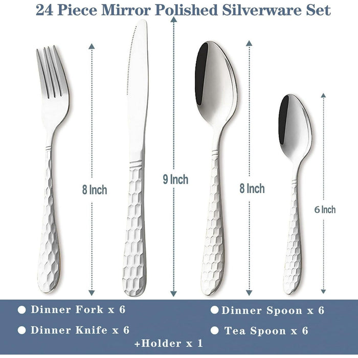 24 Pieces Silverware Set, Stainless Steel Flatware Set with Holder, Mirror Polished Utensils Set Service for 6, Durable Kitchen Eating Tableware Set, Include Fork Knife Spoon Set, Dishwasher Safe