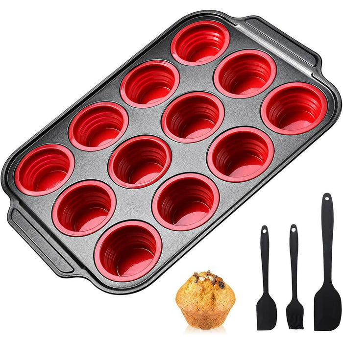 Silicone Muffin Pan, 12 Cups Collapsible Silicone Egg Bites Cupcake Pan with Metal Frame, Muffin Tins Easy to Pop Nonstick Muffin Tray with Spatula Set of 3, Oven and Dishwasher Safe