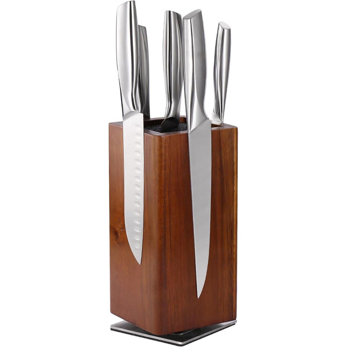 Magnetic Knife Block without Knives, 360¡ãRotatable Knife Holder With with Four Sided Magnets & Non-Slip Base, Kitchen Acacia Wood Universal Magnetic Knife Storage Rack with Bristles