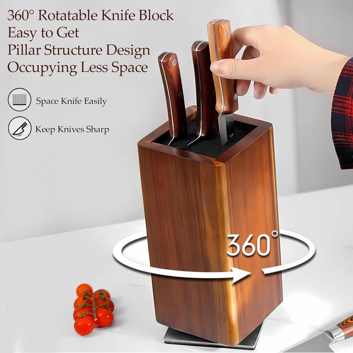 Magnetic Knife Block without Knives, 360¡ãRotatable Knife Holder With with Four Sided Magnets & Non-Slip Base, Kitchen Acacia Wood Universal Magnetic Knife Storage Rack with Bristles