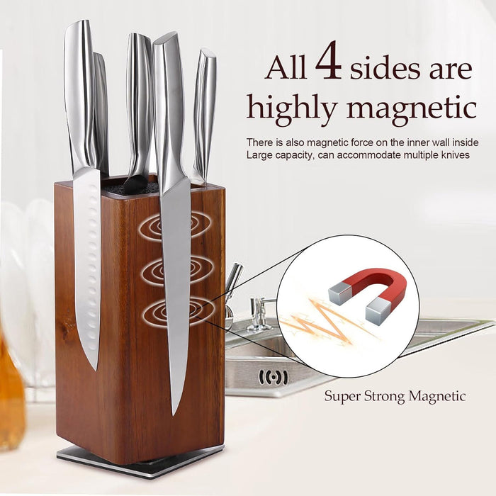 Magnetic Knife Block without Knives, 360¡ãRotatable Knife Holder With with Four Sided Magnets & Non-Slip Base, Kitchen Acacia Wood Universal Magnetic Knife Storage Rack with Bristles