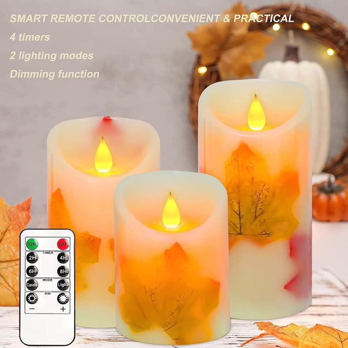 Flameless Candles Lights, Set of 3 Maple Leaf Flickering LED Candles with Remote & Timer, Dimmable LED Pillar Candles Battery Operated, Electric Candles for Thanksgiving Halloween Fall Harvest Decor