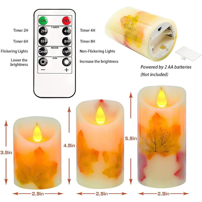 Flameless Candles Lights, Set of 3 Maple Leaf Flickering LED Candles with Remote & Timer, Dimmable LED Pillar Candles Battery Operated, Electric Candles for Thanksgiving Halloween Fall Harvest Decor