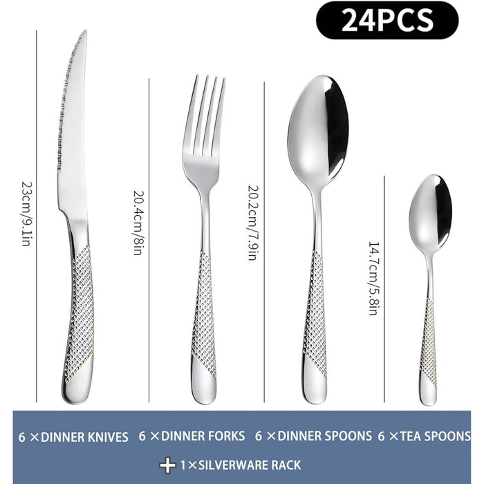 Gold Silverware Set, 24 Pieces Flatware Set with Silverware Holder, Stainless Steel Knives and Forks and Spoons Cutlery Set Service for 6, Kitchen Utensil Tableware Set with Antiskid Handle