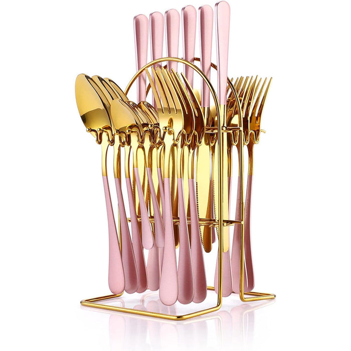 24 Pieces Flatware Set, Stainless Steel Flatware Set with Silverware Holder Spoons Forks Knives, Utensils Set Service for 6, Gold Mirror Polished and Matte Pink Painted