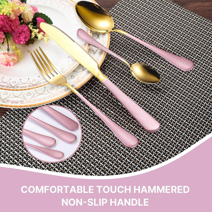 24 Pieces Flatware Set, Stainless Steel Flatware Set with Silverware Holder Spoons Forks Knives, Utensils Set Service for 6, Gold Mirror Polished and Matte Pink Painted