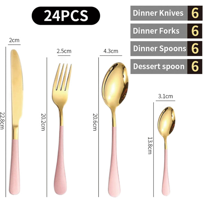 24 Pieces Flatware Set, Stainless Steel Flatware Set with Silverware Holder Spoons Forks Knives, Utensils Set Service for 6, Gold Mirror Polished and Matte Pink Painted