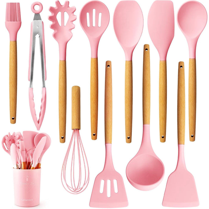 Silicone Kitchen Utensil Set, 11 Pieces Cooking Utensil with Wooden Handles, Utensil Holder for Nonstick Cookware, Spoon, Soup Ladle, Slotted Turner, Whisk, Tongs, Brush, Pasta Server