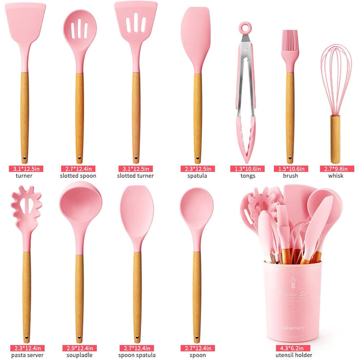 Silicone Kitchen Utensil Set, 11 Pieces Cooking Utensil with Wooden Handles, Utensil Holder for Nonstick Cookware, Spoon, Soup Ladle, Slotted Turner, Whisk, Tongs, Brush, Pasta Server