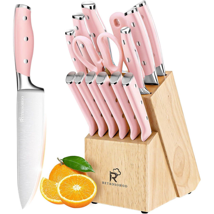 Kitchen Knife Set, 15 Pieces High Carbon Stainless Steel Knife Block Set with Wood Block, Cutlery Block Knife Set, Forged Triple Rivet, Razor-Sharp Blade Ergonomic Handle, Dishwasher Safe