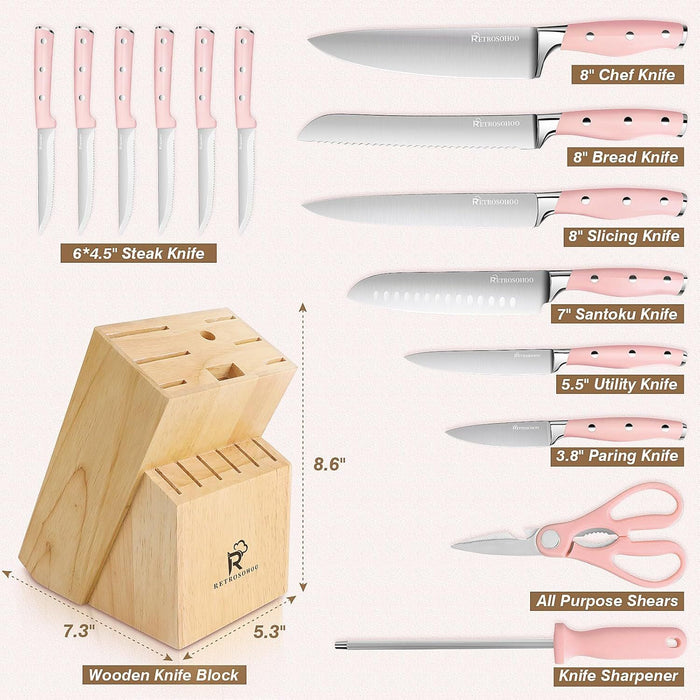 Kitchen Knife Set, 15 Pieces High Carbon Stainless Steel Knife Block Set with Wood Block, Cutlery Block Knife Set, Forged Triple Rivet, Razor-Sharp Blade Ergonomic Handle, Dishwasher Safe