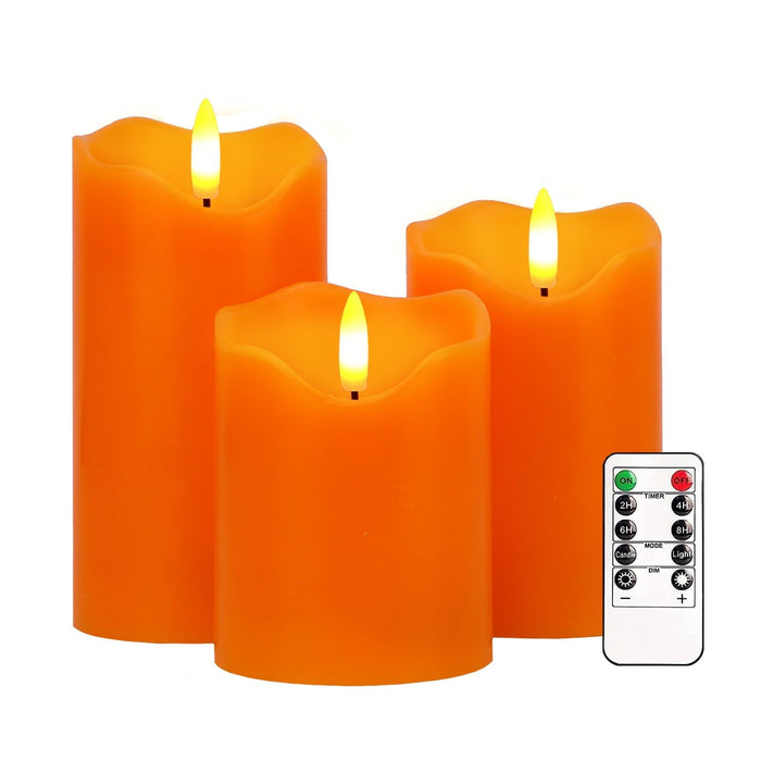 Flameless Candles Lights, Set of 3 Orange Flickering LED Candles with Remote & Timer, Dimmable LED Pillar Candles Battery Operated, Electric Candles for Fall Halloween Thanksgiving Decor