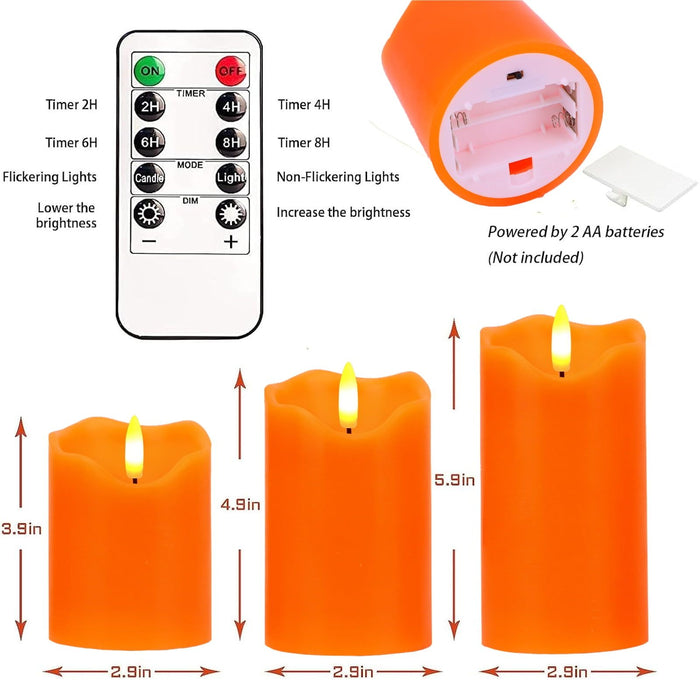 Flameless Candles Lights, Set of 3 Orange Flickering LED Candles with Remote & Timer, Dimmable LED Pillar Candles Battery Operated, Electric Candles for Fall Halloween Thanksgiving Decor