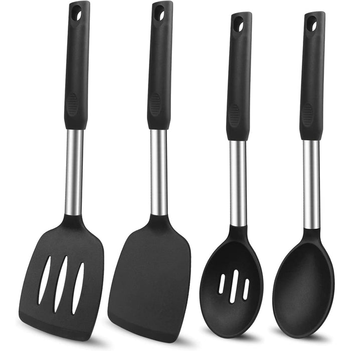 Silicone Cooking Spatulas and Spoons, 4 Pack Heat Resistant Silicone Cooking Utensils Set, Non Stick Large Kitchen Silicone Spatula and Spoons for Cooking, Mixing, Serving, Draining, Black