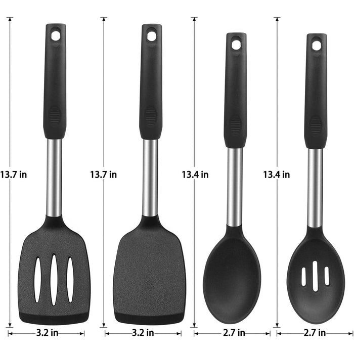 Silicone Cooking Spatulas and Spoons, 4 Pack Heat Resistant Silicone Cooking Utensils Set, Non Stick Large Kitchen Silicone Spatula and Spoons for Cooking, Mixing, Serving, Draining, Black