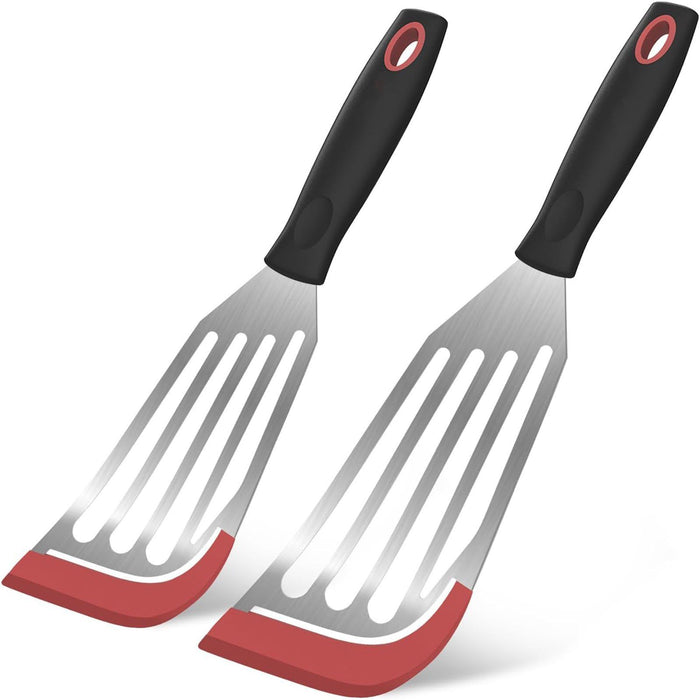 Fish Spatula Turner Set of 2, Heat Resistant Silicone Edge Slotted Fish Spatulas for Nonstick Cookware, Flexible and Thin Stainless Steel Kitchen Cooking Spatula Flipper for Fish, Egg, Pancake