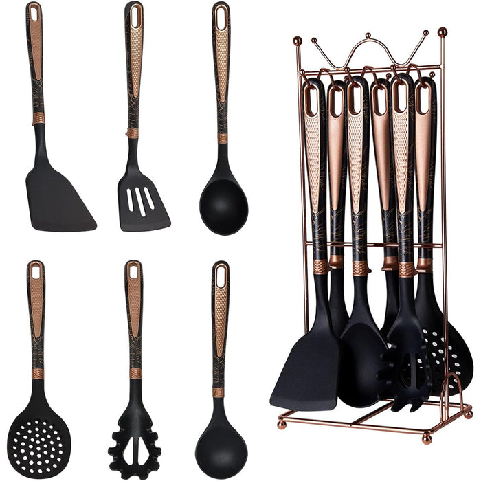 Silicone Cooking Utensils Set, Luxury 7 Pcs Kitchen Utensils Set with Hanging Holder, Heat Resistant Spatula Turner Set for Nonstick Cookware, Kitchenware Sets for Kitchen Home Restaurant