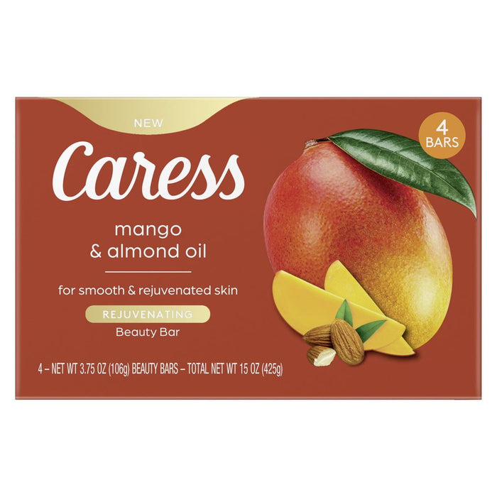 Caress Bar Soap for Women, Mango & Almond Oil for All Skin 3.75 oz 4 Body Bath Bars