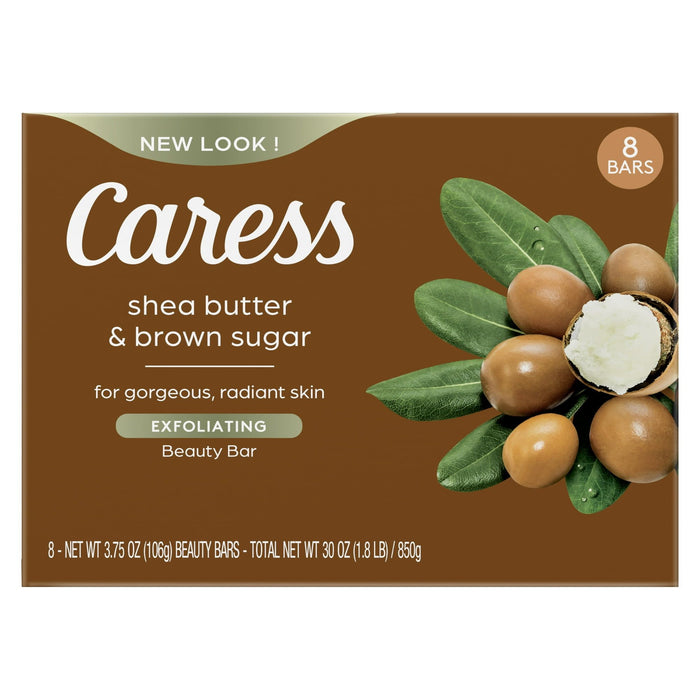 Caress Bar Soap for Women, Shea Butter & Brown Sugar for All Skin 3.75 oz 8 Body Bath Bars