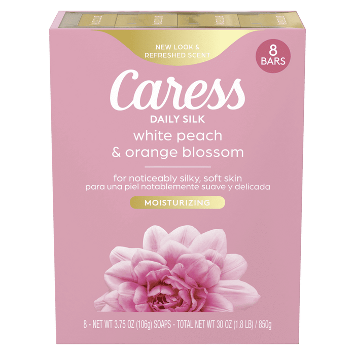 Caress Bar Soap for Women, Daily Silk White Peach & Orange Blossom for All Skin 3.75 oz 8 Ct