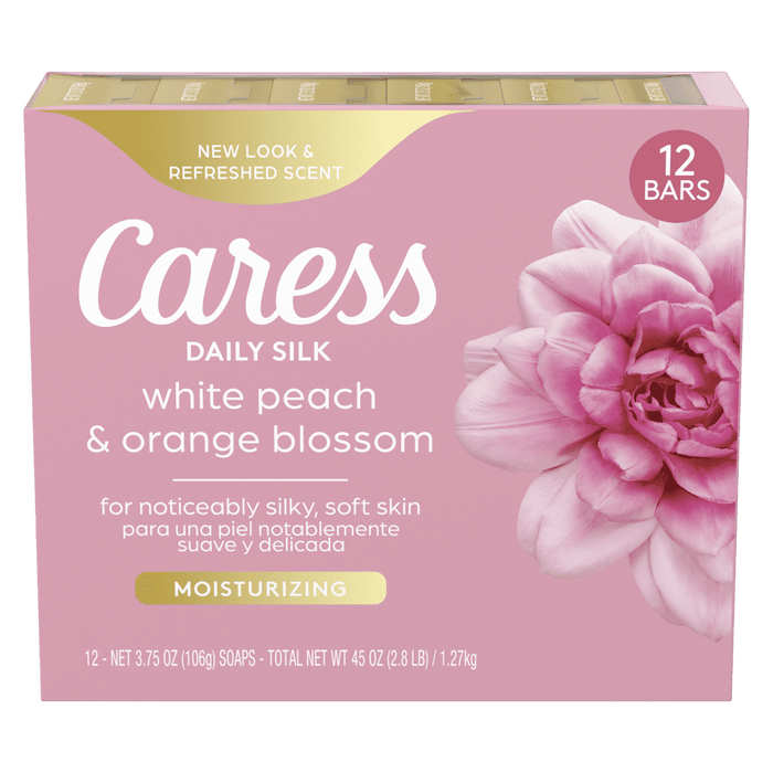 Caress Bar Soap for Women, Daily Silk White Peach & Orange Blossom for All Skin 3.75 oz 12 Ct