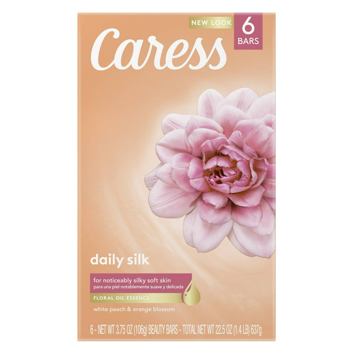 Caress Bath And Body Daily Silk Body Soap With Silk Extract & Floral Oil Essence For Silky, Soft Skin 3.75 oz, 6 Bars