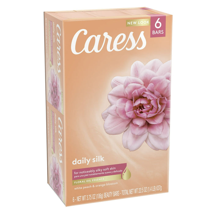 Caress Bath And Body Daily Silk Body Soap With Silk Extract & Floral Oil Essence For Silky, Soft Skin 3.75 oz, 6 Bars