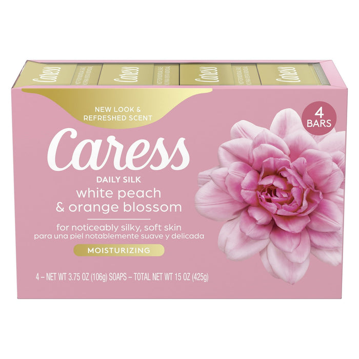 Caress Bar Soap for Women, Daily Silk White Peach & Orange Blossom for All Skin 3.75 oz 4 Ct