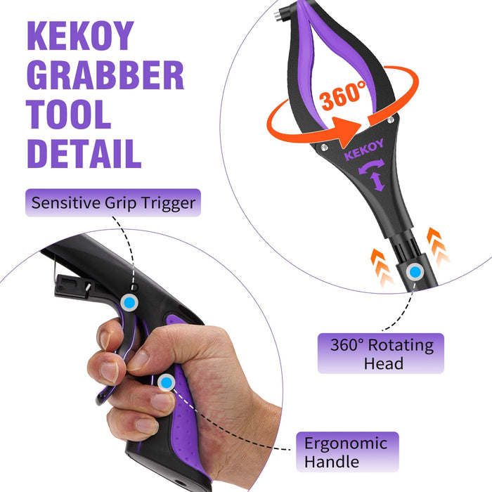 36" Grabber Reacher, Kekoy Foldable Grabbers for Elderly Grab it Reaching Tool Heavy Duty, Anti-Slip Rotating Jaw with Magnet, 4" Wide Claw Opening Reachers for Seniors, Trash Picker Tool(Purple)