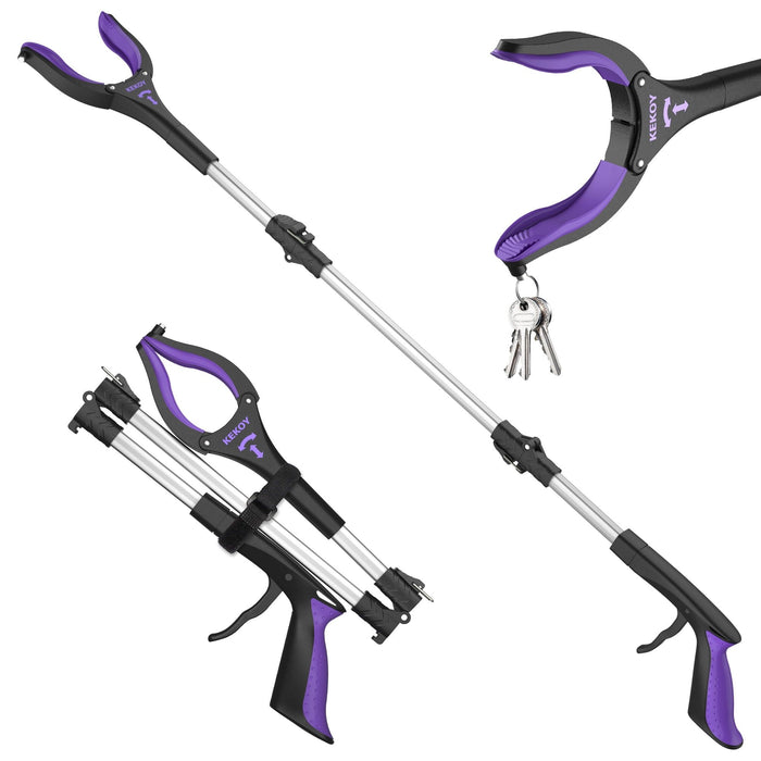 36" Grabber Reacher, Kekoy Foldable Grabbers for Elderly Grab it Reaching Tool Heavy Duty, Anti-Slip Rotating Jaw with Magnet, 4" Wide Claw Opening Reachers for Seniors, Trash Picker Tool(Purple)