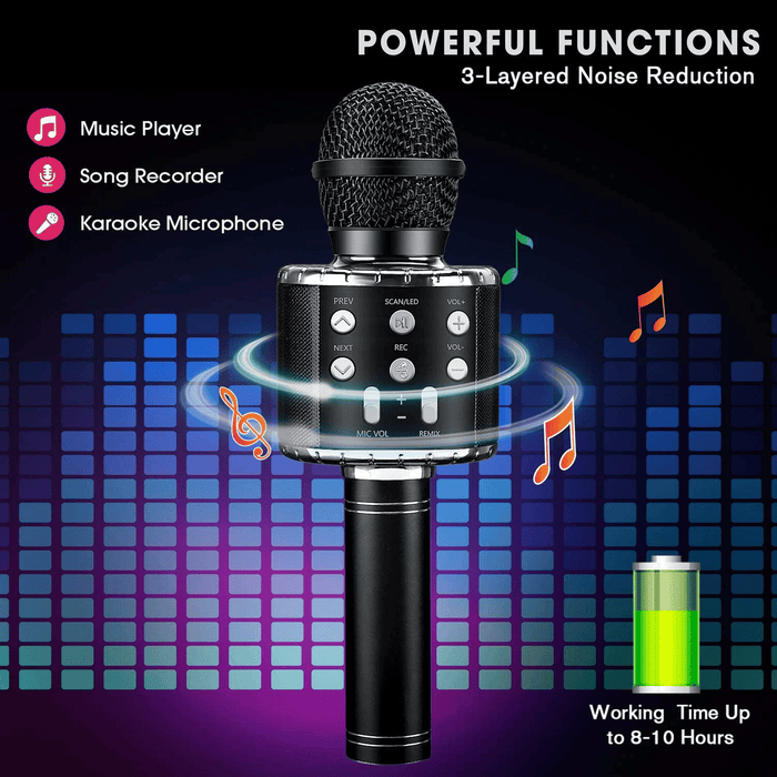 Kids Microphone, Wireless Bluetooth Microphone with LED Lights, Children Microphone Singing Toys Christmas Gifts for Kids and Adults, Black