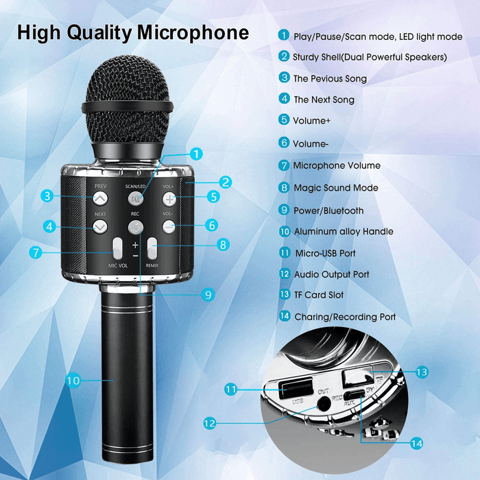 Kids Microphone, Wireless Bluetooth Microphone with LED Lights, Children Microphone Singing Toys Christmas Gifts for Kids and Adults, Black