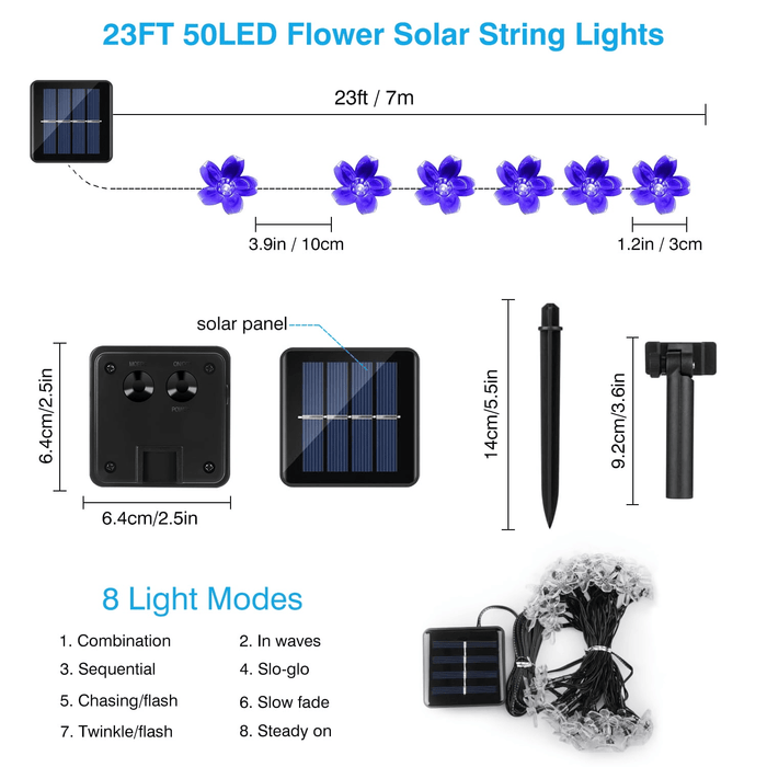 23ft 50 LED Solar Flower String Lights, Outdoor Cherry Blossoms Solar Fairy Lights for Fence Garden Yard Patio Tree Decor, Blue