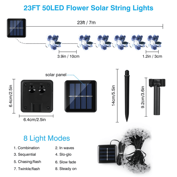 23ft 50 LED Solar Flower String Lights, Outdoor Cherry Blossoms Solar Fairy Lights for Fence Garden Yard Patio Tree Decor, Cool White